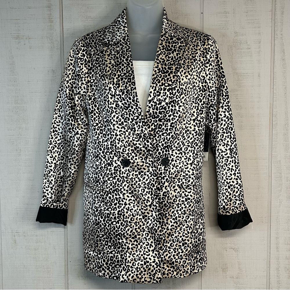 Nine West Leopard‎ Print Blazer Jacket Oversized XS Satin Mob Wife Office NWT